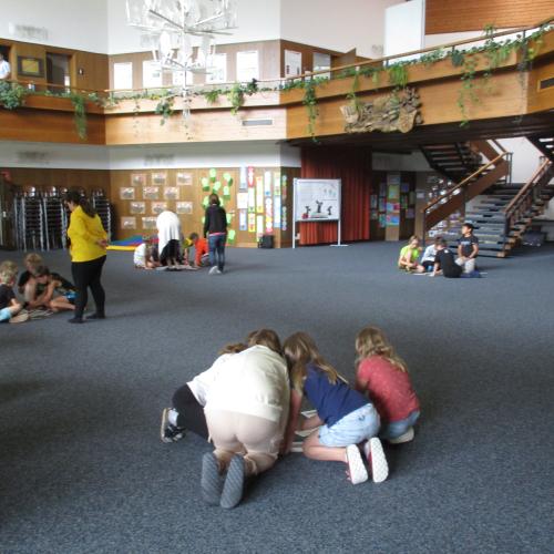 Kinder bei verschiedenen Stationen in der Aula