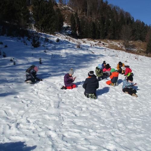 Kinder betrachten Schneekristalle mit einer Lupe