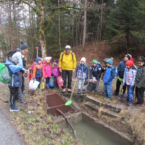 Kinder stehen um Wassertümpel herum